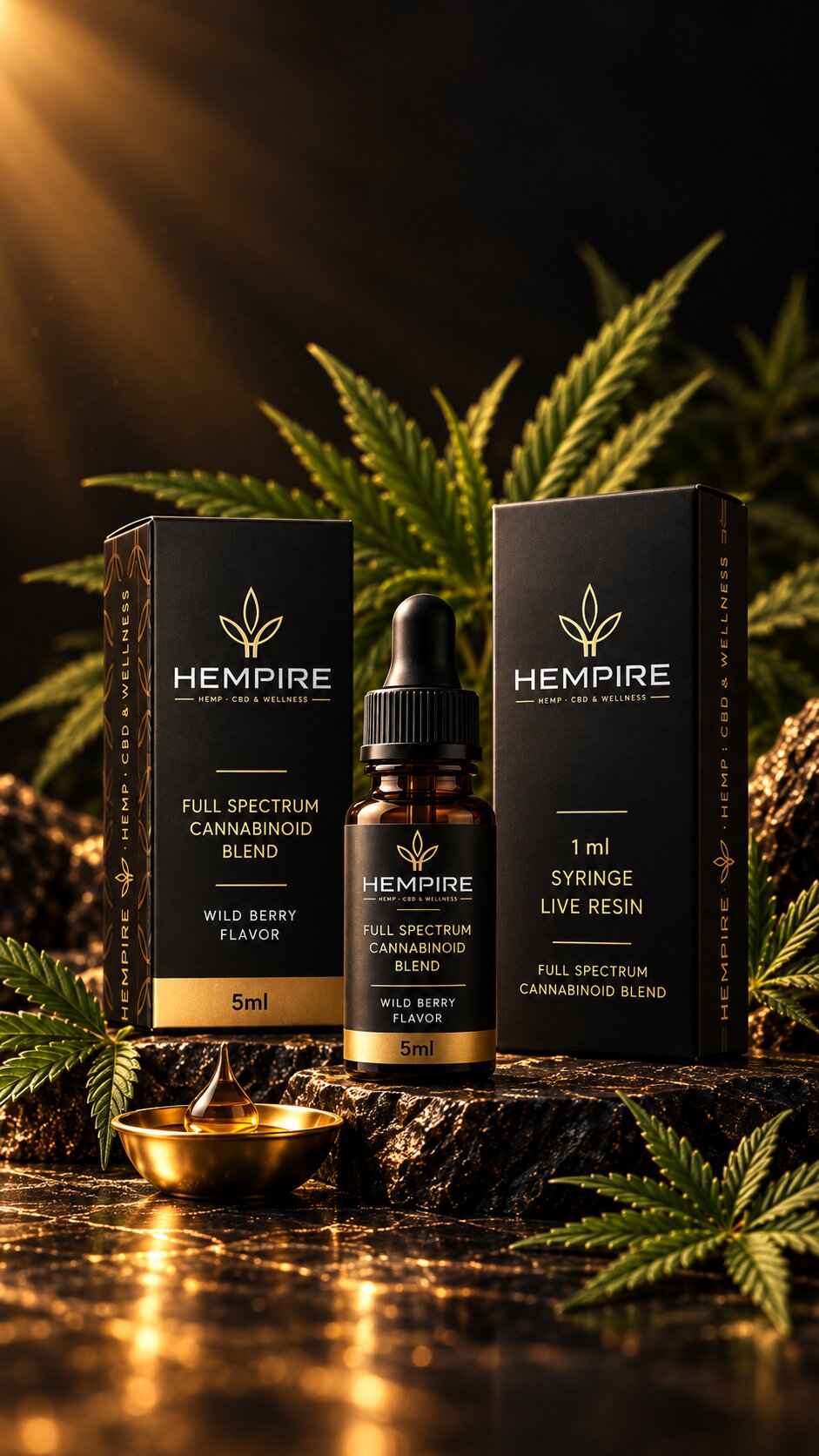 HEMPIRE CBD продукти в тъмна ботаническа сцена