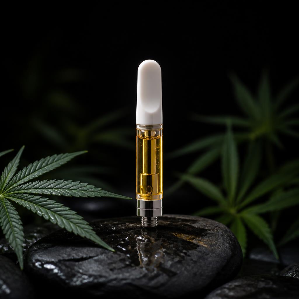 CBDx Capsule върху тъмен камък сред конопени листа